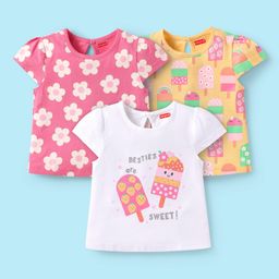 Babyhug Cotton Knit Cap Sleeves T-Shirts with Floral & Popsicle Glitter Print Pack of 3 - Pink White & Yellow-image-23