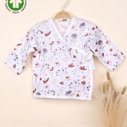 Mom's Home Muslin Organic Cotton Full Sleeves Leaves Printed Jhabla - White & Pink-image-31