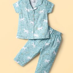 Smarty Girls Sinker Knit Half Sleeves Co-Ord Night Suit With Unicorn & Floral Print - Aqua-image-51