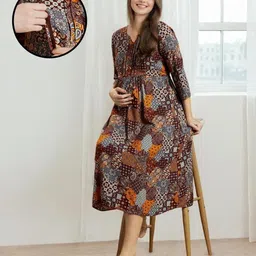 MomToBe Rayon Three Fourth Sleeves Abstract Printed Maternity Dress With Concealed Zipper Nursing Access - Multi Colour-picture-31