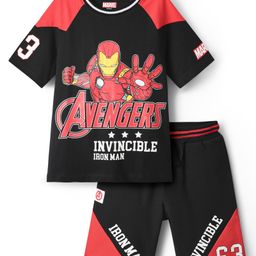 Pine Kids Marvel Single Jersey Knit Half Sleeves Oversize Drop Shoulder Raglan T-Shirt And Shorts Set With Avengers Graphics - Red & Black-image-101