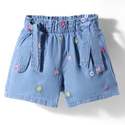 Babyhug Denim Mid Thigh Shorts With Floral Embroidery - Blue-image-21
