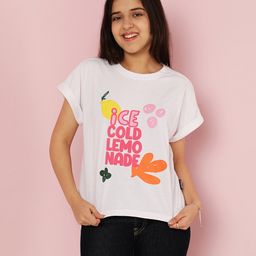 Lil Tomatoes Cotton Half Sleeves Ice Cold Lemonade Text Printed Top - White-image-55