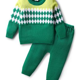 Babyhug Acrylic Knitted Full Sleeves Sweater Set With Chevron Design - Green-image-58