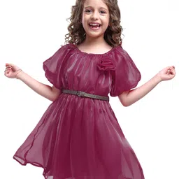 Hola Bonita Woven Half Sleeves Shiny Fabric Solid Frock With Floral Applique & Belt - Wine-picture-5
