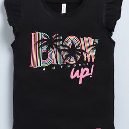 giniekids Cotton Frill Sleeves Blow Up Text Top - Black-image-100