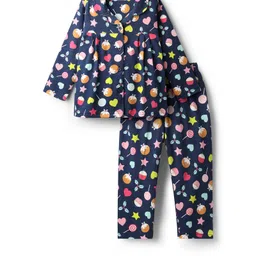 Babyhug Cotton Knit Full Sleeves Co-ords Night Suit with Heart Print - Navy Blue-picture-27