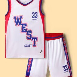 Pine Active Knit Sleeveless T-Shirt & Short Set with Text Print - White Red & Blue-picture-9