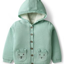 Babyhug Knit Full Sleeves Hooded Front Open Sweater with Ear Applique - Sea Green-image-54