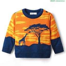 Babyoye Knitted Full Sleeves Pullover Sweater With Giraffe Embroidery - Orange & Navy Blue-image-83