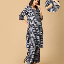 The Mom Store Cotton Knit Three Fourth Sleeves Geometric Printed Maternity & Nursing Kurta With Coordinating Palazzo Set - Blue-image-33