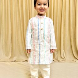 BYB Premium Pure Cotton Woven Full Sleeves Foil Striped Kurta & Pyjama Set - Off White-image-29