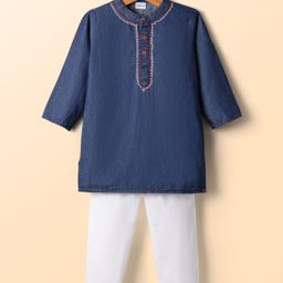 Babyhug Cotton Woven Full Sleeves Kurta Pyjama Set With Embroidery Detailing - Navy Blue & White-image-41