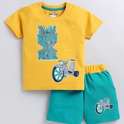 CUTOPIES Cotton Knit Half Sleeves Motorcycle Printed Coordinating Tee & Shorts Set - Mustard-image-32