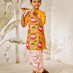 Vastramay Muslin Woven Janmashtami Theme Full Sleeves Cow & Lotus Printed Kurta Dhoti Set - Mustard-picture-32