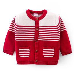Babyhug Knit Full Sleeves Front Open Sweater Set with Cap & Stripes Design - Red & White image 2