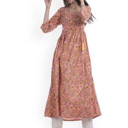 TAJNAN Floral Printed V-Neck Pure Cotton Angrakha Anarkali Kurta With Trousers-image-35