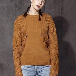 Roadster Women Mustard Yellow Self-Design Pullover-image-47