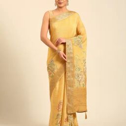 Mohey Yellow Chinon Chiffon Printed Saree With Unstitched Blouse-picture-2