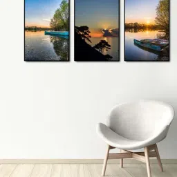 999store Grey & Yellow Printed Sun Set Boat Paintings - Set of 3-45