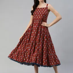 Divena Maroon & Blue Cotton Printed A-Line Dress-16