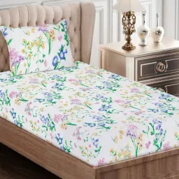 SEJ by Nisha Gupta Floral Purple 160 TC Cotton Single Bed Sheet with 1 Pillow Cover-image-89