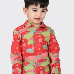 Fabindia Kids Red & Green Cotton Printed Full Sleeves Shirt-picture-2