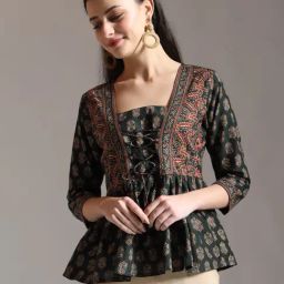 Yufta Green Pure Cotton Ethnic Motifs Top-23