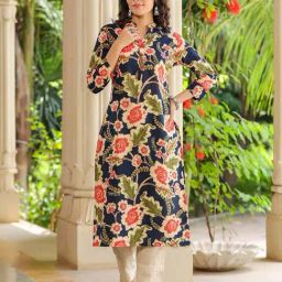 Rain and Rainbow Navy Cotton Floral Print Straight Kurta-image-33