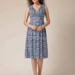 Mabish Blue Cotton Printed A-Line Dress-image-16