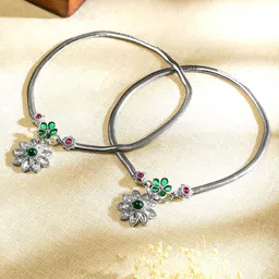Rubans Set of 2 Oxidised Silver-Plated Ruby & Emerald Kundan Stones Floral Charm Anklets-14