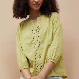 Fame Forever By Lifestyle Lime Green Cotton Regular Fit Self Pattern Top-picture-38