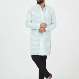 MR BUTTON Men Green & White Striped Kurta-picture-49