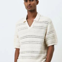 ETA by Westside Off-White Knit Textured Relaxed-Fit Polo T-Shirt-image-89