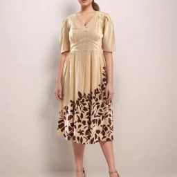 Zink London Beige Loose Fit Printed Dress-image-35