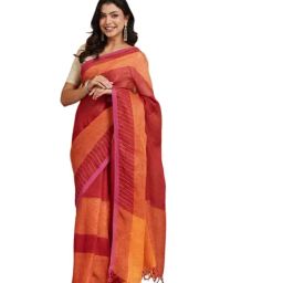 Fabindia Rust Linen Woven Design Saree-picture-5