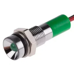 RS PRO Green Panel Mount Indicator 24V DC, Mounting Hole Size 6 mm, Termination Type Lead Wires, IP Rating IP67, Model No 7227766-5