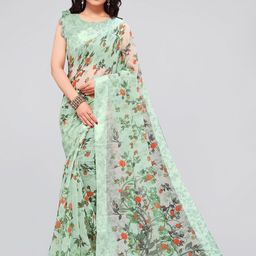 KALINI Green & Orange Floral Bagh Saree-image-97