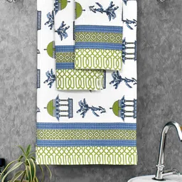 MAFATLAL White & Green 3 Pieces Ethnic Motifs Printed Cotton 250 GSM Towel Set-30