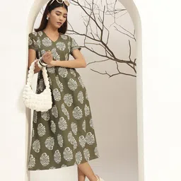 Bani Women Olive Green Printed A-Line Mixi Length Dress-picture-16