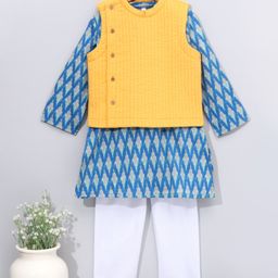 Babyhug Woven Full Sleeves Kurta Pyjama Set with Solid Waistcoat - Aqua Yellow-image-40