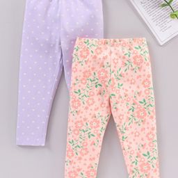 Babyhug Full Length Knit Leggings Floral & Polka Print Pack Of 2 - Peach Lilac Purple-image-22