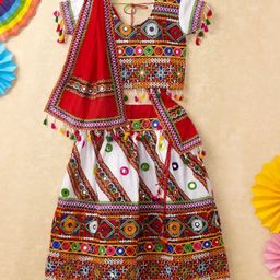 Banjara India Navratri Theme Short Sleeves Kutchi Embroidered Choli & Lehenga With Dupatta - White & Multi Color-image-18