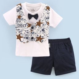 Child World 100 % Cotton Interlock Half Sleeves Shirt with Bow Tie and Shorts Set with Waistcoat Star Print - White Navy-picture-24
