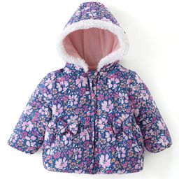 Babyhug Woven Full Sleeves Hooded Jacket Floral Print - Purple-image-46
