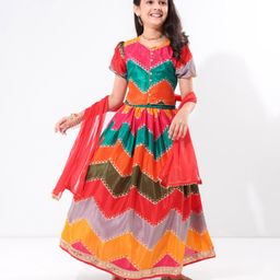 EARTHY TOUCH Woven Half Sleeves Chevron Design Choli Lehenga with Dupatta Set - Multicolour-image-62