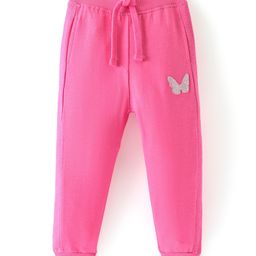 Babyhug Cotton Looper Knit Full Length Glittery Butterfly Detailing Lounge Pant - Pink-image-20