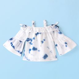 Babyhug Cotton Woven Cold Shoulder Three Fourth Sleeves Tie & Dye Top - White & Blue-image-16