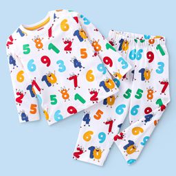 Babyhug Cotton Knit Full Sleeves Night Suit With Numbers Print - White-image-28