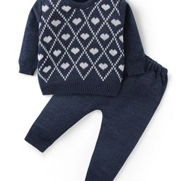 Babyhug Knit Full Sleeves Sweater & Pant Set Heart Design - Navy Blue-image-97